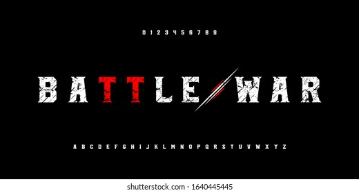 Battle War And Warrior Alphabet Fonts And Numbers Set. Strong Sport And Action Typography Font Style. Vector Illustration