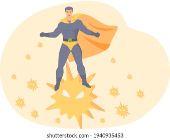 Battle winner superhero as symbol of human immunity surrounded by viruses vector illustration