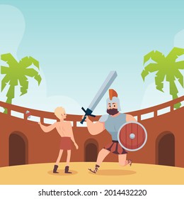 Battle of young king David and giant Goliath, flat vector illustration. Bible Old testament story scene of ancient king David heroic feat of victory over Goliath.
