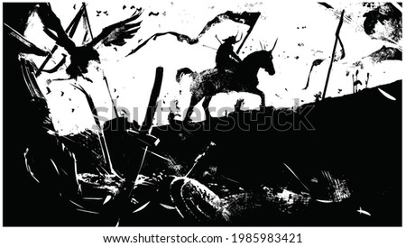 The battlefield is littered with corpses and broken weapons, the last surviving horseman is walking on it, riddled with arrows, he does not throw the banner, 2d illustration