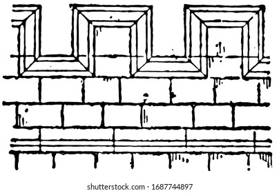 Battlement are indentations on the top of a parapet, rectangular gaps or indentations occur at intervals, discharge of arrows, vintage line drawing or engraving illustration.