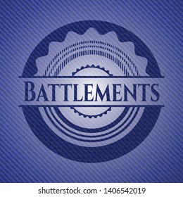 Battlements badge with denim background. Vector Illustration. Detailed.