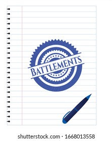 Battlements emblem draw with pen effect. Blue ink. Vector Illustration. Detailed.