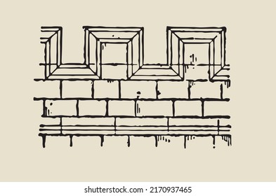 Battlements are indentations at the top of a parapet or wall, first used in fortifications and later applied to churches and other buildings for decoration