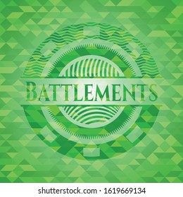 Battlements realistic green emblem. Mosaic background. Vector Illustration. Detailed.