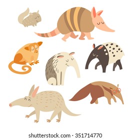 Battleship, anteater, chinchilla, tapir, anteater, kinkajou animals on white background. Vector illustration, isolated on white background