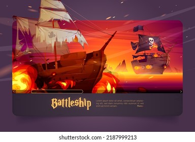 Battleship Cartoon Web Banner. Ship Battle, Pirate Wooden Boat With Jolly Roger Flag Attack Brigantine With Cannon Fire, Corsair War, Burning Frigates With Flame And Ragged Sails, Vector Illustration