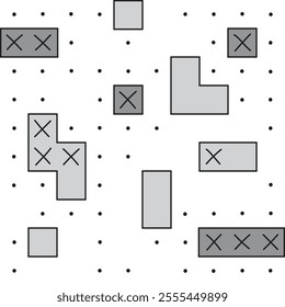 Battleship game seamless pattern. Rectangles, crosses, and evenly spaced dots. Black background. Minimalist and geometric.