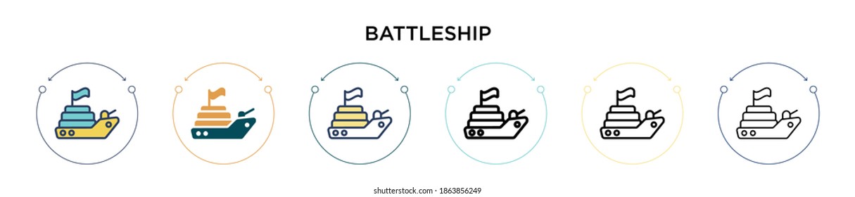 Battleship icon in filled, thin line, outline and stroke style. Vector illustration of two colored and black battleship vector icons designs can be used for mobile, ui, web