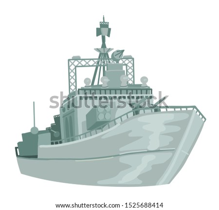 Battleship or missile cruiser viewed from a low angle on white isolated background. Element for banner or flyer. Flat cartoon vector illustration