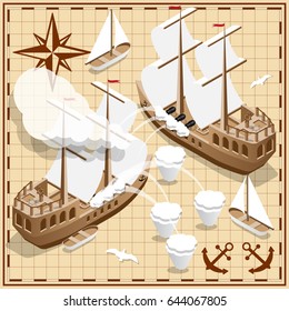 Battleship on the old map. Isometric. Vector illustration.