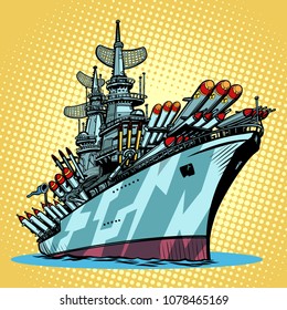 Battleship Warship, Missile Cruiser. Comic Cartoon Pop Art Retro Illustration Vector Kitsch Drawing