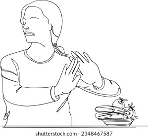 Battling Anorexia: One-Line Illustration of Woman and Food, Overcoming Struggle: One-Line Drawing of Anorexic Woman with Food