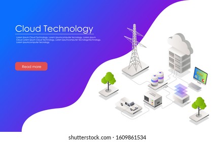 Battrey Power Grid. Net Electricity Generates Energy And Runs The Car Energy Data Is Stored On The Cloud Server