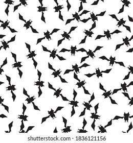 Batty swarm of bats in flight seamless vector repeat black bats on a white background surface pattern design