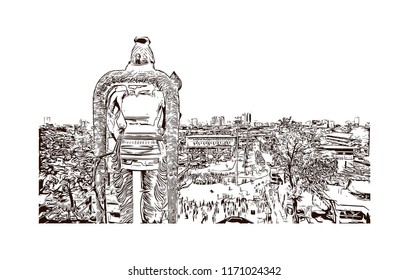 Batu Caves is a limestone hill that has a series of caves and cave temples in Gombak, Selangor, Malaysia. Hand drawn sketch illustration in vector.