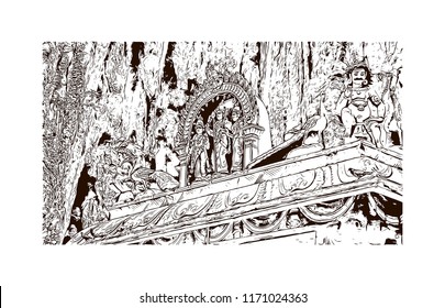 Batu Caves is a limestone hill that has a series of caves and cave temples in Gombak, Selangor, Malaysia. Hand drawn sketch illustration in vector.