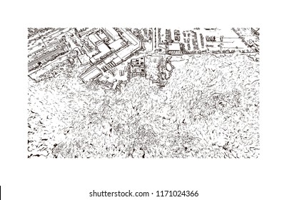 Batu Caves is a limestone hill that has a series of caves and cave temples in Gombak, Selangor, Malaysia. Hand drawn sketch illustration in vector.