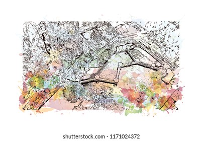 Batu Caves is a limestone hill that has a series of caves and cave temples in Gombak, Selangor, Malaysia. Watercolor splash with Hand drawn sketch illustration in vector.