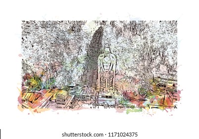Batu Caves is a limestone hill that has a series of caves and cave temples in Gombak, Selangor, Malaysia. Watercolor splash with Hand drawn sketch illustration in vector.
