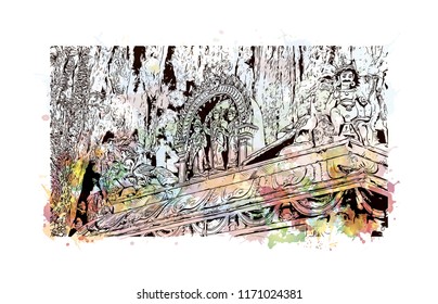 Batu Caves is a limestone hill that has a series of caves and cave temples in Gombak, Selangor, Malaysia. Watercolor splash with Hand drawn sketch illustration in vector.