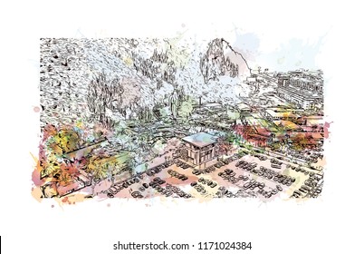 Batu Caves is a limestone hill that has a series of caves and cave temples in Gombak, Selangor, Malaysia. Watercolor splash with Hand drawn sketch illustration in vector.