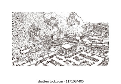 Batu Caves is a limestone hill that has a series of caves and cave temples in Gombak, Selangor, Malaysia. Hand drawn sketch illustration in vector.