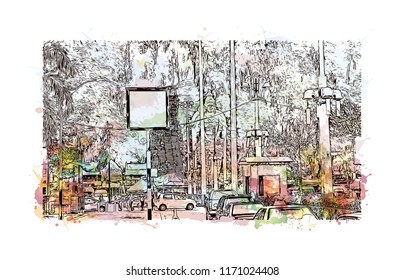 Batu Caves is a limestone hill that has a series of caves and cave temples in Gombak, Selangor, Malaysia. Watercolor splash with Hand drawn sketch illustration in vector.