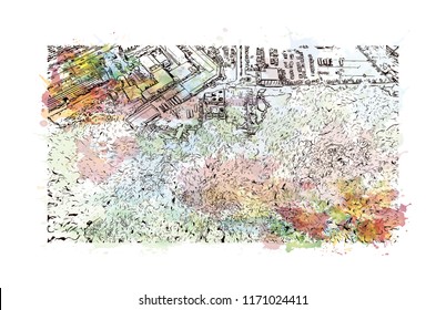 Batu Caves is a limestone hill that has a series of caves and cave temples in Gombak, Selangor, Malaysia. Watercolor splash with Hand drawn sketch illustration in vector.