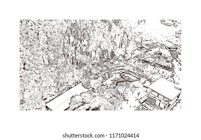 Batu Caves is a limestone hill that has a series of caves and cave temples in Gombak, Selangor, Malaysia. Hand drawn sketch illustration in vector.