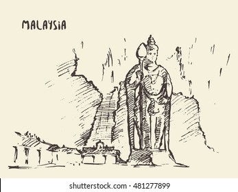 Batu Caves statue, Malaysia, vintage engraved illustration, hand drawn, sketch