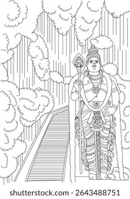 Batu Caves Steps and Lord Murugan Statue Line Art, Black and white outline illustration featuring the iconic staircase leading to Batu Caves in Malaysia, with the giant Lord Murugan statue