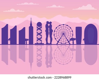 Batumi, Georgia, vector silhouette of the city with famous city sights on the background of mountains and sea