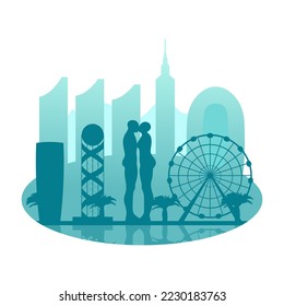 Batumi, Georgia, vector silhouette of the city with famous city sights on a background of mountains