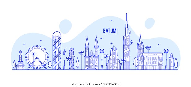 Batumi skyline, Georgia. This illustration represents the city with its most notable buildings. Vector is fully editable, every object is holistic and movable
