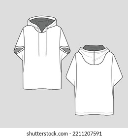 Batwing Sleeve Hoodie Drawstring Fashion Sleeve Cad Flat Sketch Technical Drawing Template