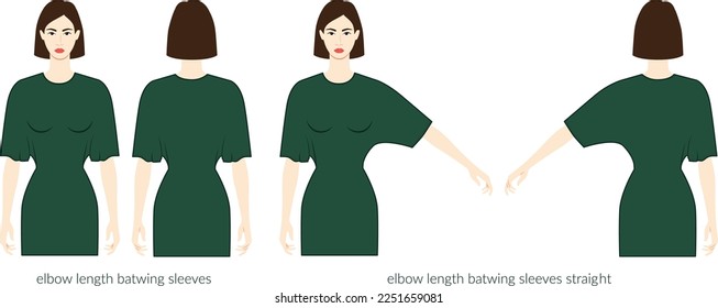 Batwing sleeves elbow length clothes character beautiful lady in emerald top, shirt, dress technical fashion illustration. Flat apparel template front, back sides. Women, men unisex CAD mockup