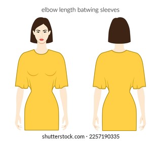Batwing sleeves elbow length clothes character beautiful lady in yellow top, shirt, dress technical fashion illustration, elbow length. Flat apparel template front, back. Women, men unisex CAD mockup