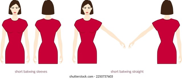 Batwing sleeves short length clothes character beautiful lady in burgundy top, shirt, dress technical fashion illustration, fitted. Flat apparel template front, back. Women, men unisex CAD mockup