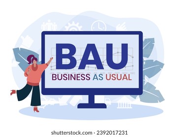 BAU - Business as Usual. Hintergrund des Unternehmenskonzepts. Vektorgrafik-Konzept mit Schlagwörtern und Symbolen. Buchstabengrafik mit Symbolen für Webbanner, Flyer, Landing Page, Präsentation