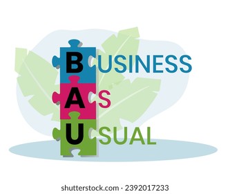 BAU - Business as Usual. Hintergrund des Unternehmenskonzepts. Vektorgrafik-Konzept mit Schlagwörtern und Symbolen. Buchstabengrafik mit Symbolen für Webbanner, Flyer, Landing Page, Präsentation