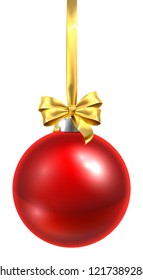 A bauble Christmas ball glass ornament in red with a golden bow and ribbon