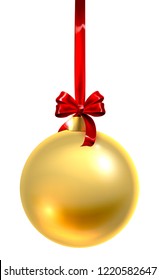 A bauble Christmas ball glass ornament in gold with a red bow and ribbon