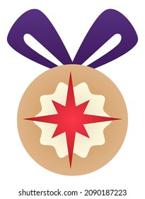 Bauble for Christmas tree decoration, isolated ball with snowflake or star print, ribbon bow for hanging. Xmas and new year symbolic presents and gifts for winter holidays. Vector in flat style