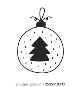 Bauble with Christmas Tree Doodle Icon. Hand-drawn Xmas decoration with snow and holiday symbol. Outline vector illustration 