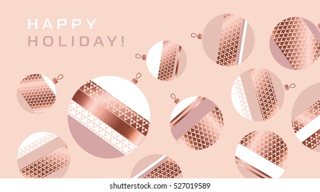 bauble decorations, rosy pastel color and gold metal texture vector background with balls. luxury festive xmas backdrop. geometry metal surface Christmas tree toys background.