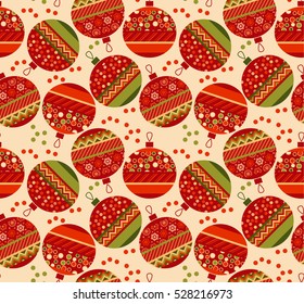 bauble decorations. vintage ornament patchwork xmas bubbles seamless pattern. cozy Christmas bulbs motif with assorted fabrics. red and green abstract Christmas vector illustration.