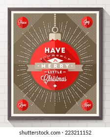 Balbuceo con rayos de sol y diseño tipo Navidad - Afiche de estilo plano con marco de madera sobre una pared de ladrillo blanco. Ilustración del vector