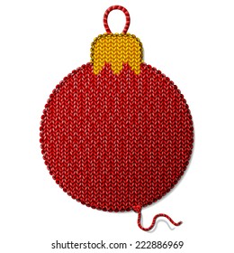 Bauble symbol of knitted fabric isolated on white. Fragment of knitting in shape of christmas tree ball. Vector illustration for new year's day, christmas, decoration, winter holiday, silvester, etc