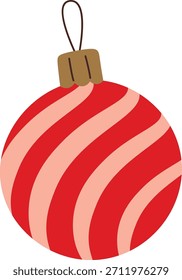 Bauble with wavy stripe pattern and cap hanger, isolated on clean background. Symbol of holiday decor, celebration, warmth, and festive spirit. Cartoon vector illustration.